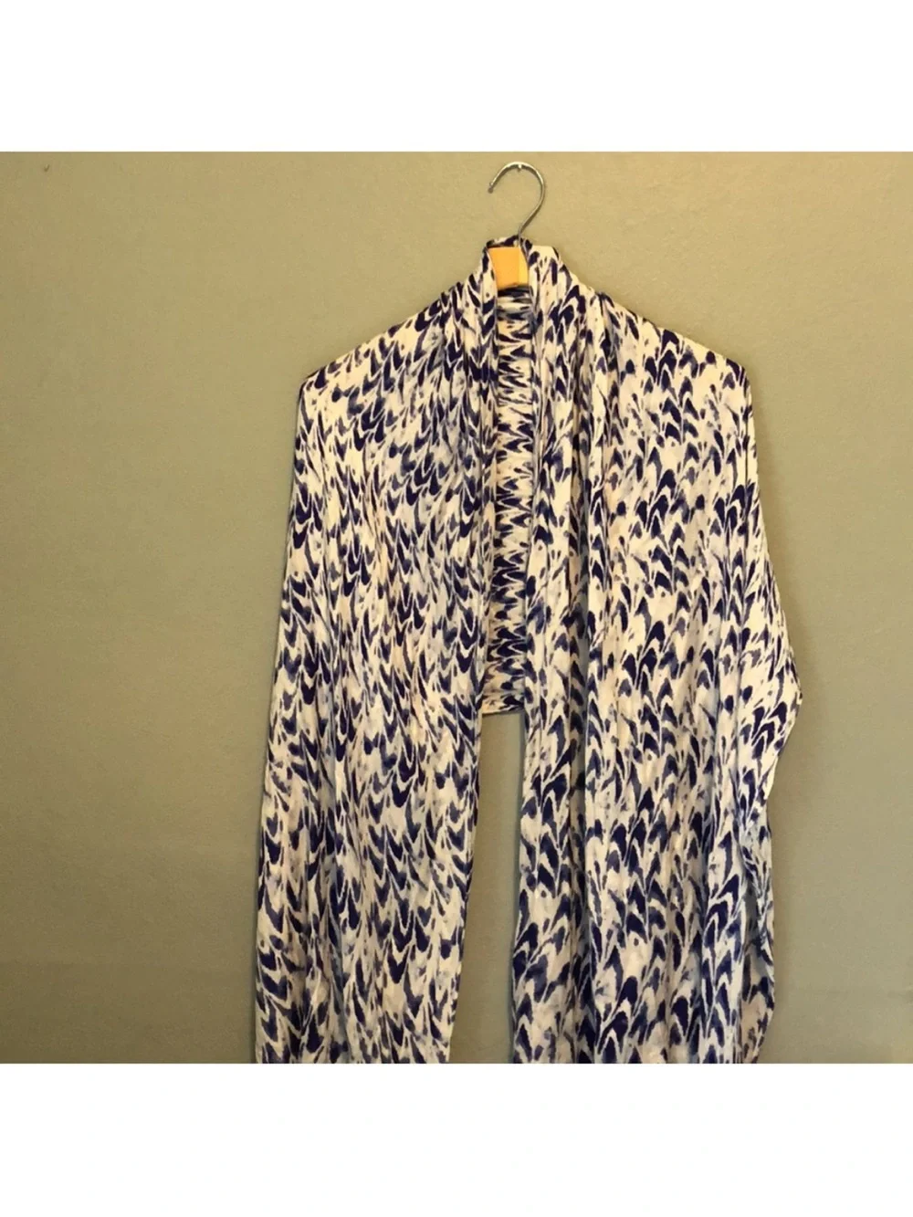 White & Blue Lightweight Scarf Wrap with Fringe